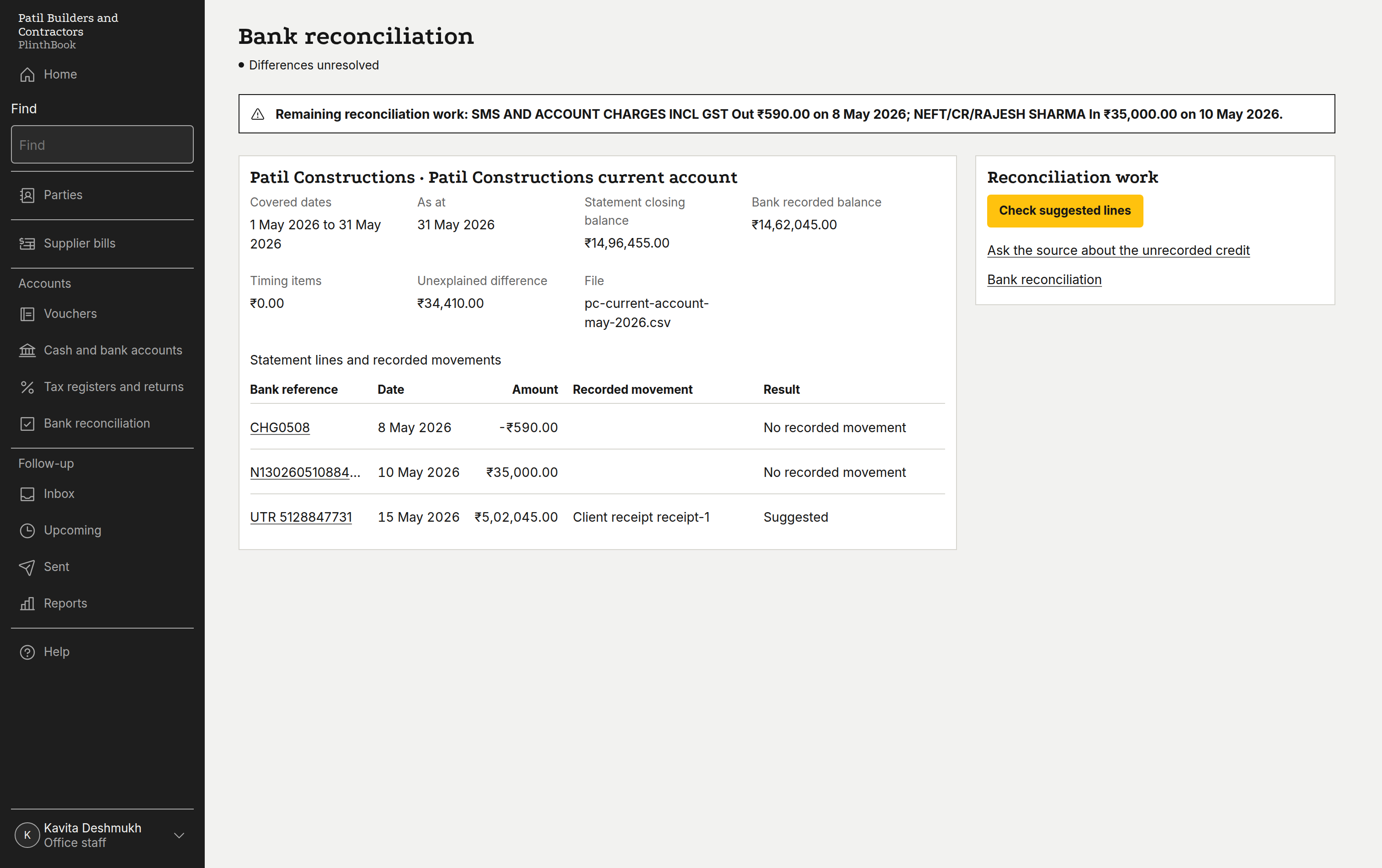 Bank reconciliation of the May statement: unexplained difference, two lines with no recorded movement and one suggested match.