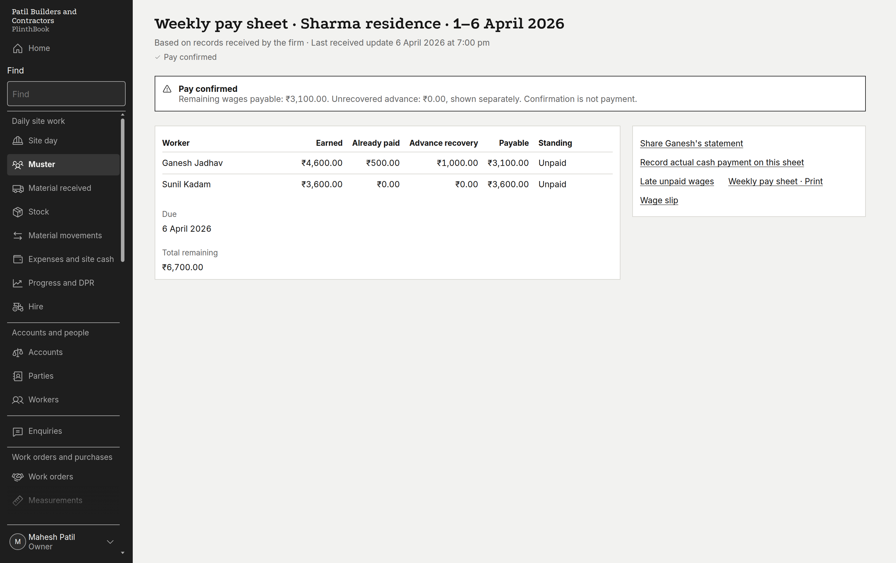 Confirmed weekly pay sheet, 1 to 6 April: earned, already paid, advance recovery and payable for each worker.