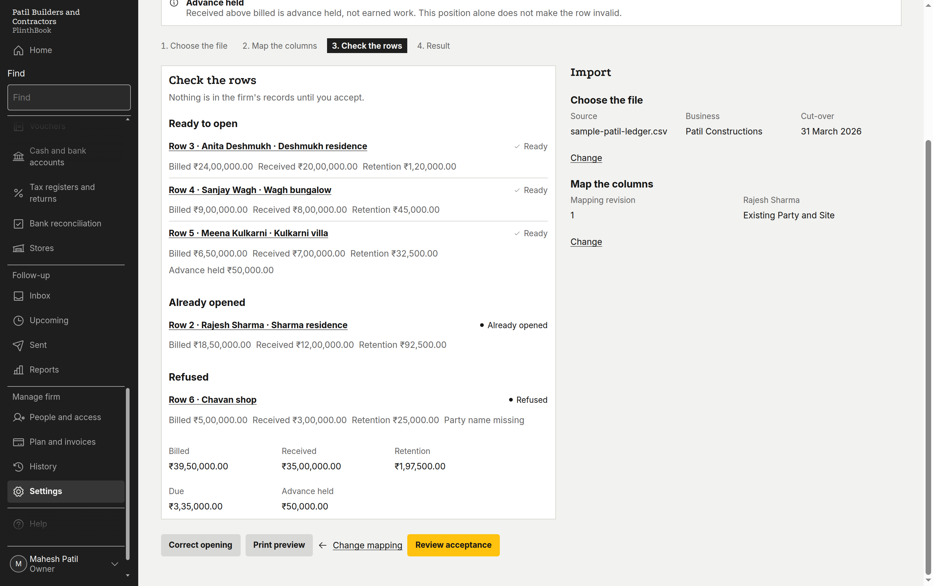 Import preview: ready rows, already opened and refused rows, with billed, received, retention and advance totals, before acceptance.